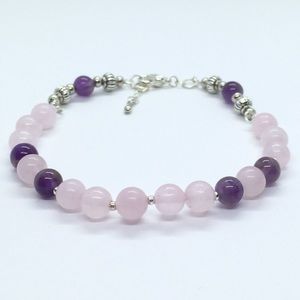 Beautiful Rose Quartz and Amethyst Silver Bracelet